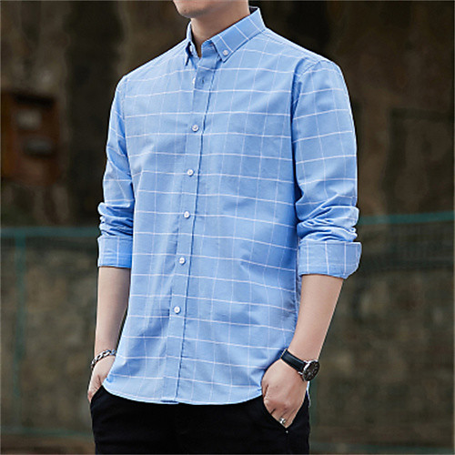 

Men's Shirt Lattice Long Sleeve Daily Tops Casual Blue Khaki White
