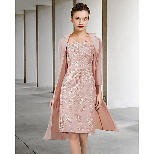 

Two Piece Sheath / Column Mother of the Bride Dress Elegant Jewel Neck Knee Length Chiffon Lace Long Sleeve with Appliques 2021