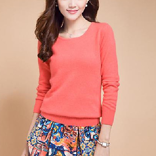 

Women's Casual Solid Color Pullover Sweater Long Sleeve Sweater Cardigans Round Neck Light Blue Watermelon Red Rust Red