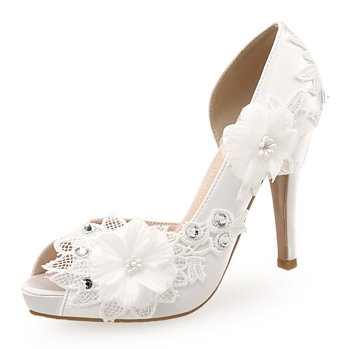 

Women's Wedding Shoes Pumps Peep Toe Wedding Satin Rhinestone Lace Solid Colored White