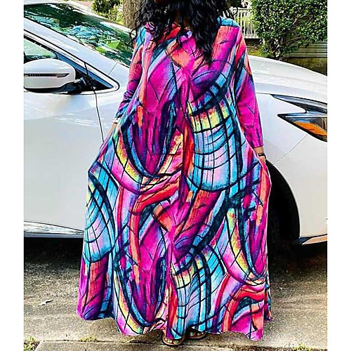 

Women's Loose Maxi long Dress Red Long Sleeve Mixed Color Spring Summer Casual 2021 S M L XL 2XL 3XL 4XL 5XL