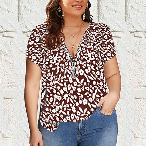 

Women's Plus Size Tops Blouse Shirt Floral Zipper Short Sleeve V Neck Summer Blue Green Black Big Size L XL 2XL 3XL 4XL