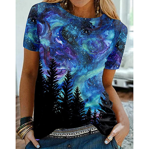 

Women's Abstract 3D Printed Painting T shirt Scenery 3D Print Round Neck Basic Tops Blue Purple