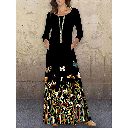 

Women's Shift Dress Maxi long Dress Black 3/4 Length Sleeve Floral Butterfly Print Spring Summer Round Neck Casual Holiday 2021 S M L XL XXL 3XL