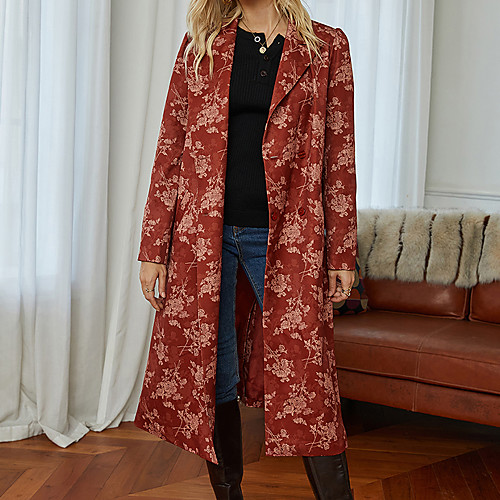 

Women's Coat Daily Fall & Winter Long Coat Regular Fit Basic Jacket Long Sleeve Geometric Print Red