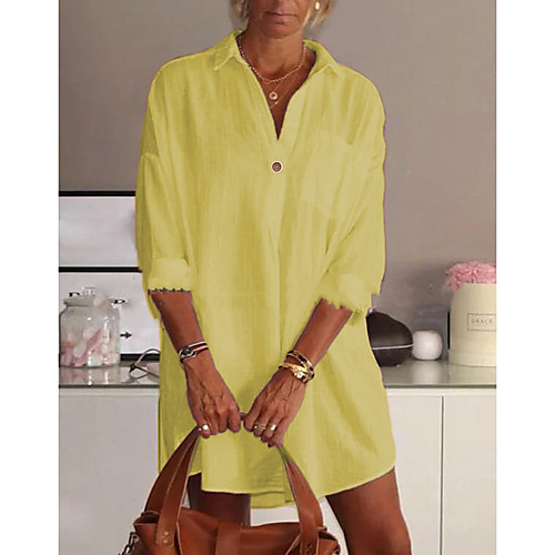

Women's Shirt Dress Short Mini Dress Yellow Blushing Pink Green White Black Long Sleeve Solid Color Summer Shirt Collar Hot Casual Chinoiserie 2021 S M L XL XXL 3XL 4XL / Cotton / Cotton