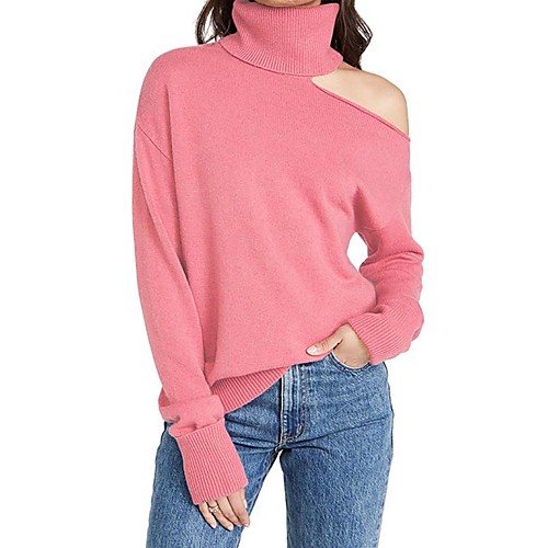 

Women's Casual Hole Solid Color Pullover Sweater Long Sleeve Sweater Cardigans One Shoulder High Neck Fall Spring Skin powder Gray khaki