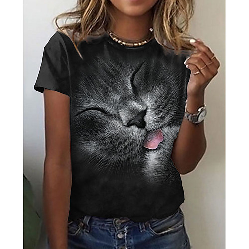 

Women's 3D Cat Painting T shirt Cat 3D Animal Print Round Neck Basic Tops Black