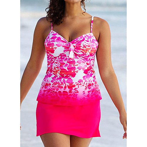 

Women's Tankini 2 Piece Swimsuit Open Back Print Floral Rose Red Swimwear Camisole V Wire Bathing Suits New Casual Vacation / Sexy