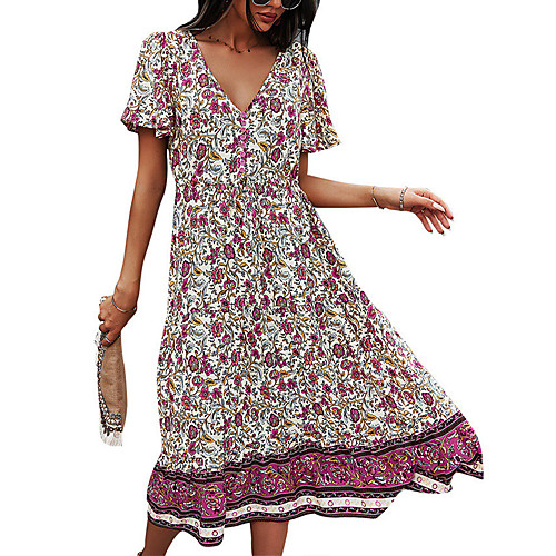 

Women's A Line Dress Midi Dress Green White Red Navy Blue Short Sleeve Floral Print Summer V Neck Casual Holiday 2021 S M L XL / Cotton / Cotton