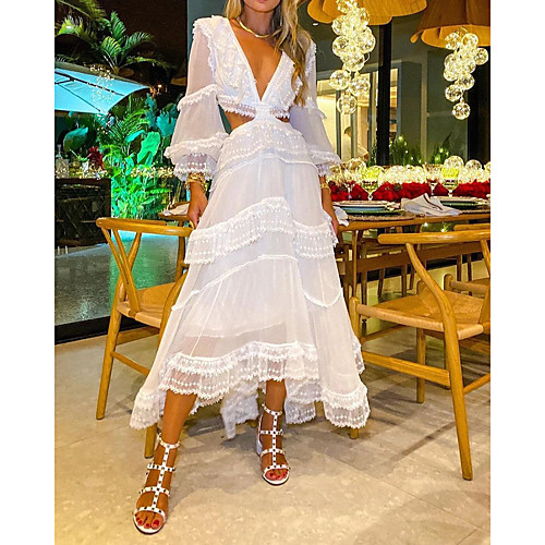 

Women's A Line Dress Maxi long Dress White Long Sleeve Solid Color Patchwork Hollow To Waist Spring Summer V Neck Elegant Vintage Sexy 2021 S M L XL / Party