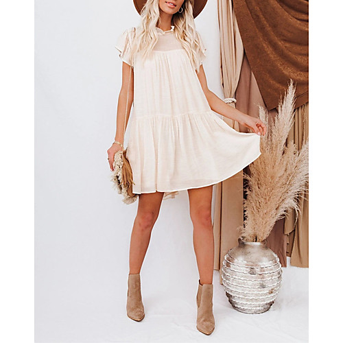

Women's A Line Dress Short Mini Dress Beige Short Sleeve Solid Color Patchwork Print Summer Round Neck Casual Sexy Holiday 2021 S M L XL / Cotton / Cotton