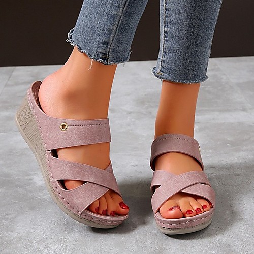 

Women's Sandals Wedge Heel Round Toe PU Solid Colored Pink Beige Coffee