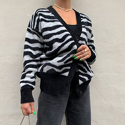 

Women's Stylish Knitted Striped Cardigan Sweater Long Sleeve Sweater Cardigans Stand Collar Winter White / Black