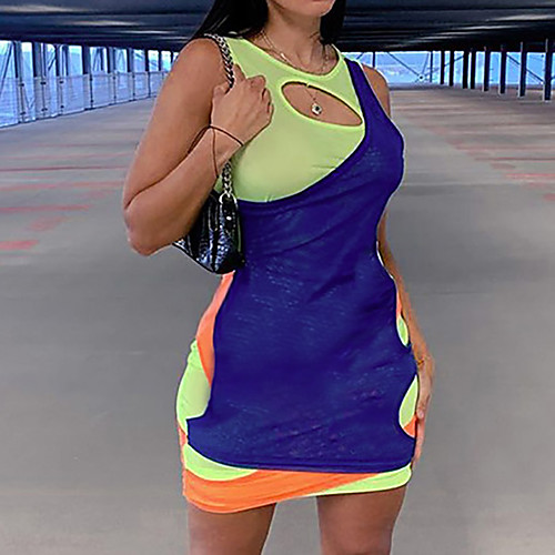 

Women's Sheath Dress Short Mini Dress Blue Sleeveless Color Block Ruched Patchwork Summer Round Neck Casual Sexy 2021 S M L