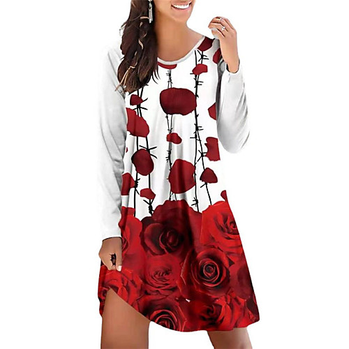 

Women's A Line Dress Knee Length Dress Blushing Pink White Black Red Long Sleeve Floral Print Summer Round Neck Casual 2021 S M L XL XXL 3XL