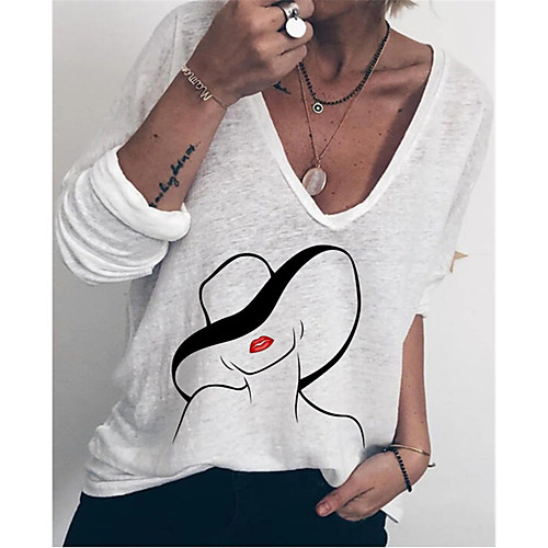 

Women's Painting T shirt Graphic Portrait Long Sleeve V Neck Basic Tops White