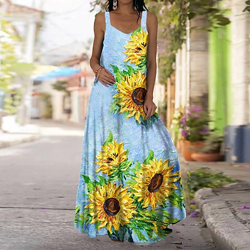 

Women's Swing Dress Maxi long Dress Leopard Lake blue Black Sleeveless Sunflower Print Spring Summer U Neck Basic Casual 2021 S M L XL 2XL