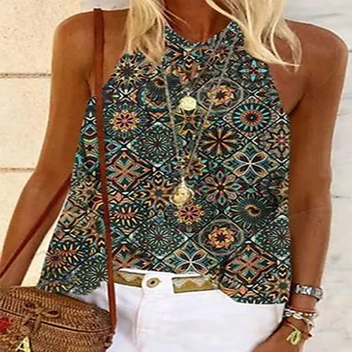 

Women's Holiday Bohemian Theme Tank Top Vest Graphic Print Round Neck Basic Streetwear Boho Tops Green