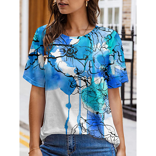 

Women's Floral Theme Abstract Painting T shirt Floral Graphic Tie Dye Print Round Neck Basic Tops Blue Purple Red