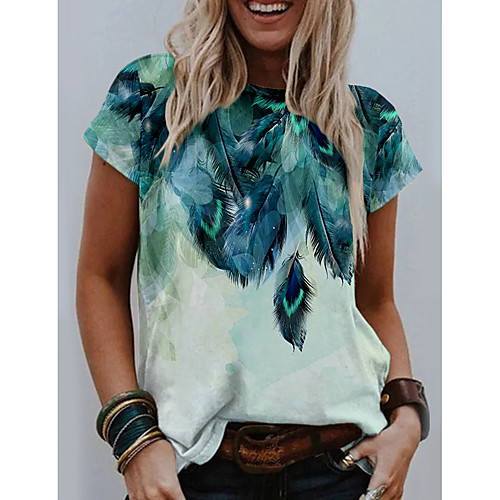 

Women's Painting T shirt Graphic Feather Print Round Neck Basic Tops Green