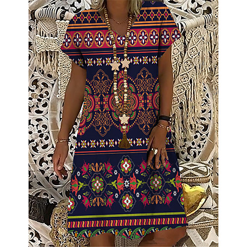 

Women's T Shirt Dress Tee Dress Knee Length Dress Navy Blue Short Sleeve Floral Geometric Print Summer V Neck Casual Holiday 2021 S M L XL XXL 3XL