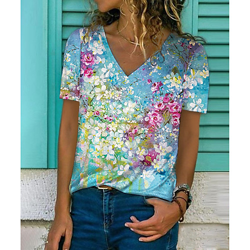 

Women's Floral Theme Painting T shirt Floral Graphic Print V Neck Basic Tops Blue