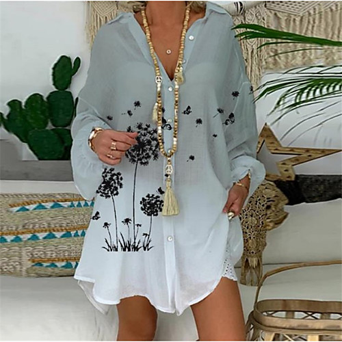 

Women's Shirt Dress Short Mini Dress Gray Long Sleeve Floral Button Print Summer V Neck Casual 2021 M L XL XXL 3XL