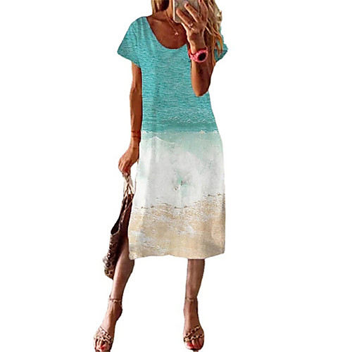 

Women's T Shirt Dress Tee Dress Midi Dress Purple Light Blue Short Sleeve Color Block Print Summer V Neck Casual 2021 S M L XL XXL 3XL 4XL 5XL