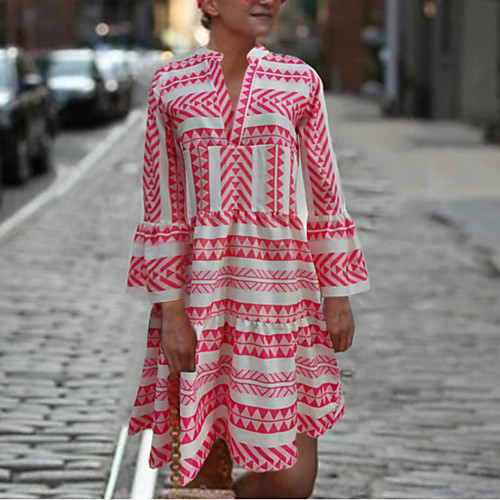 

Women's Swing Dress Short Mini Dress Blue Blushing Pink Green Black 3/4 Length Sleeve Geometric Print Spring Summer V Neck Vacation Dress Boho Holiday Flare Cuff Sleeve Loose 2021 S M L XL XXL 3XL