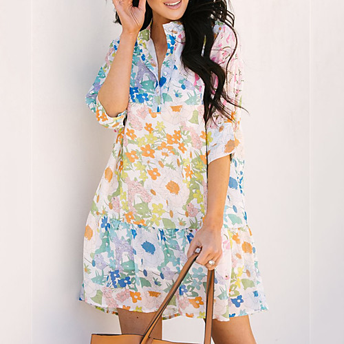 

Women's A Line Dress Short Mini Dress Blue 3/4 Length Sleeve Floral Ruffle Print Summer V Neck Casual 2021 S M L XL XXL