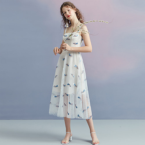 

A-Line Elegant Floral Homecoming Cocktail Party Dress Spaghetti Strap Sleeveless Tea Length Tulle with Pleats Pattern / Print 2021