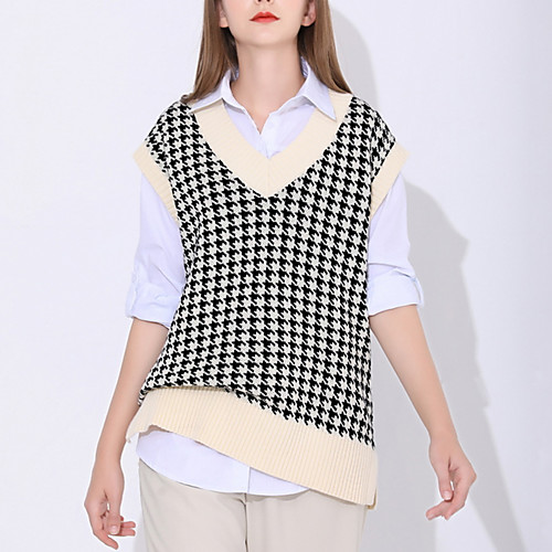

Women's Unisex Stylish Check Pattern Houndstooth Vest Sweater Sleeveless Sweater Cardigans Stand Collar Fall Spring Khaki Black Beige