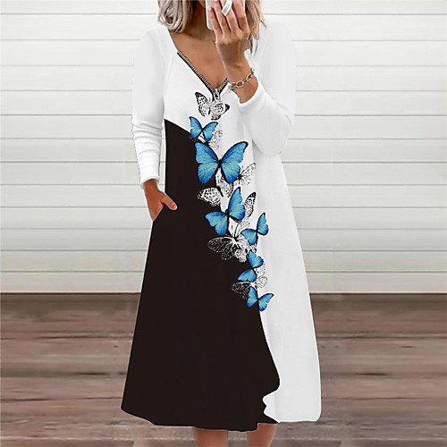 

Women's A Line Dress Knee Length Dress Blue Yellow Rainbow White Black Long Sleeve Floral Butterfly Animal Zipper Print Fall V Neck Casual 2021 S M L XL XXL 3XL
