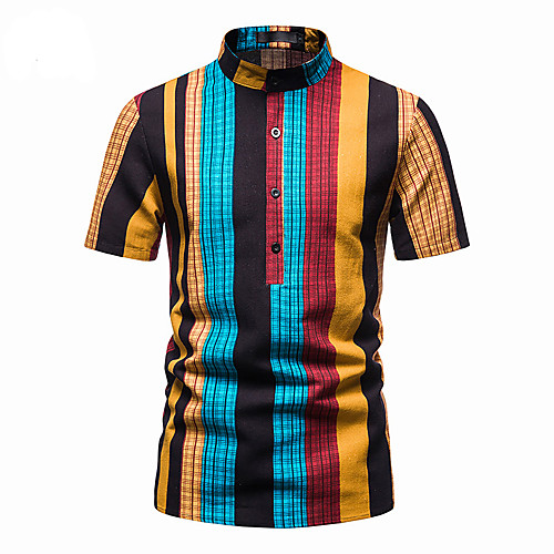 

Men's Shirt Striped Short Sleeve Casual Tops Fashion Vintage Hawaiian Rainbow