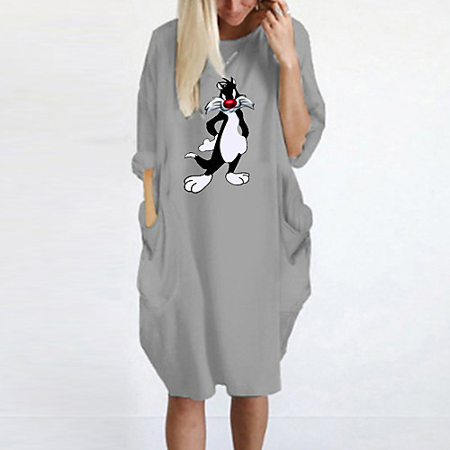 

Women's T Shirt Dress Tee Dress Knee Length Dress Blue Yellow Fuchsia Gray Green White Black Long Sleeve Print Spring Summer Round Neck Casual Oversized 2021 S M L XL XXL 3XL 4XL 5XL