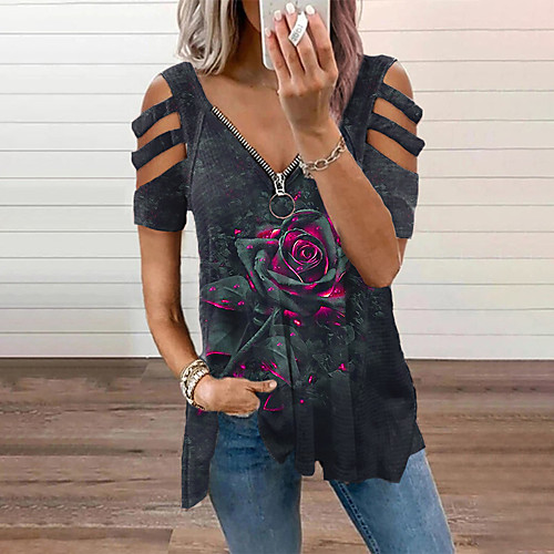 

Women's Floral Theme 3D Printed Blouse Shirt Floral Scenery Skull Cut Out Quarter Zip Print V Neck Basic Streetwear Tops Purple Gray Orange