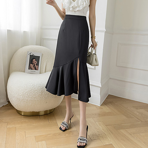 

Women's Office / Career Ceremony Basic Streetwear Capris Skirts Solid Colored Split Ruffle Green Black Beige