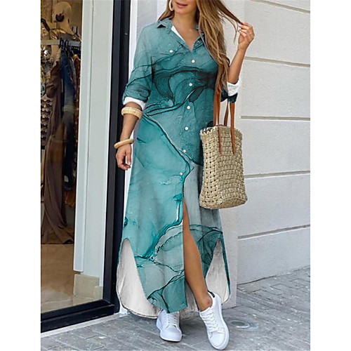 

Women's Shirt Dress Maxi long Dress Blue Long Sleeve Print Color Gradient Print Spring Summer Shirt Collar Casual Holiday 2021 S M L XL XXL 3XL