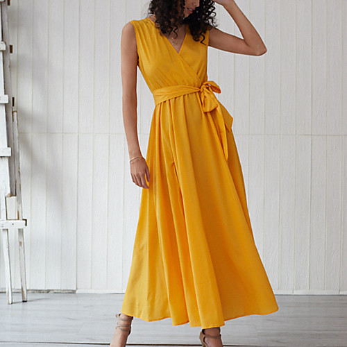 

Women's A Line Dress Maxi long Dress Yellow Blushing Pink Green Sleeveless Solid Color Split Lace up Summer V Neck Casual 2021 S M L XL XXL / Cotton