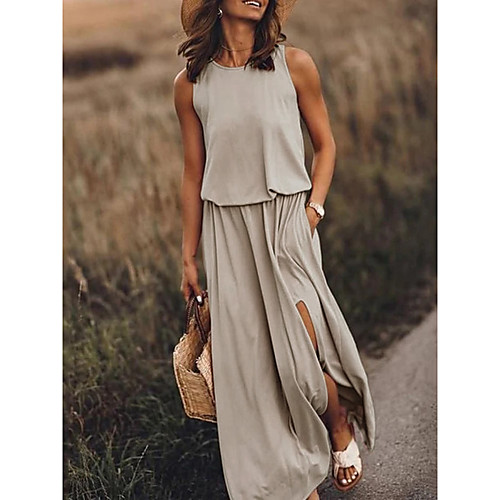 

Women's Shift Dress Maxi long Dress Sleeveless Solid Color Split Spring Summer Round Neck Elegant Casual Going out Work 2021 S M L XL 2XL 3XL 4XL 5XL