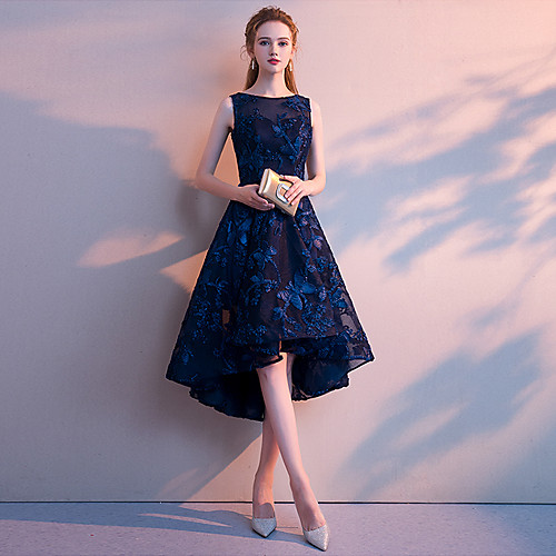 

A-Line Minimalist Elegant Party Wear Cocktail Party Dress Jewel Neck Sleeveless Asymmetrical Tulle with Pleats Pattern / Print 2021