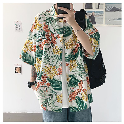 

Men's Shirt Plants 3/4 Length Sleeve Vacation Tops Casual Orange