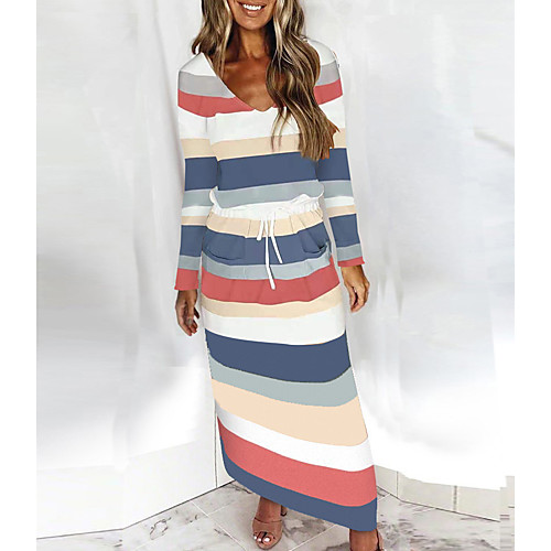 

Women's Shift Dress Maxi long Dress Light Blue Blushing Pink Green Black Navy Blue Dark Blue Short Sleeve Striped Spring, Fall, Winter, Summer V Neck Casual 2021 S M L XL XXL XXXL