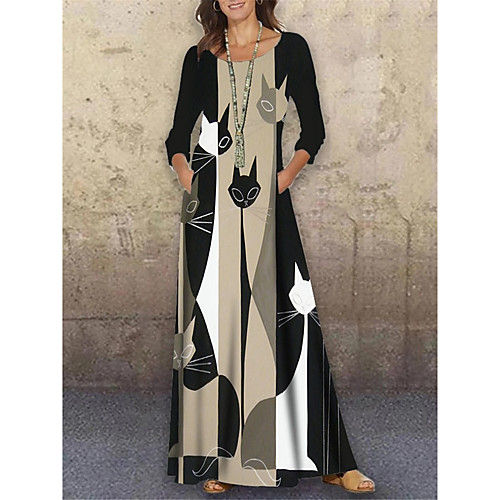 

Women's Shift Dress Maxi long Dress Black 3/4 Length Sleeve Cat Animal Print Spring Summer Round Neck Casual Holiday 2021 S M L XL XXL 3XL