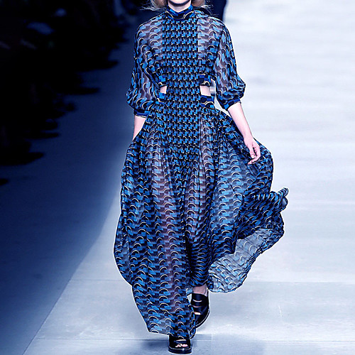 

Women's A Line Dress Maxi long Dress Blue Long Sleeve Color Block Hollow To Waist Print Fall Summer Turtleneck Casual 2021 S M L XL