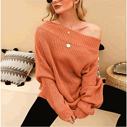 

Women's Stylish Knitted Solid Color Pullover Long Sleeve Sweater Cardigans Off Shoulder Fall Winter Blushing Pink Gray Dusty Blue