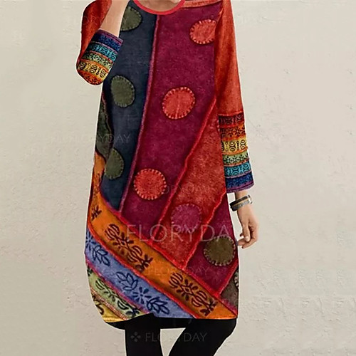 

Women's Shift Dress Knee Length Dress Red Beige Long Sleeve Cat Color Block Animal Print Summer Round Neck Casual 2021 S M L XL XXL 3XL / Cotton