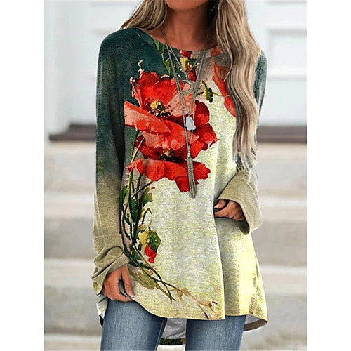 

Women's T shirt Floral Plants Long Sleeve Round Neck Basic Tops Rainbow