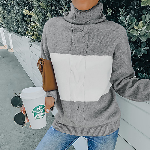

Women's Casual Pure Color Color Block Pullover Sweater Co-ords Long Sleeve Sweater Cardigans High Neck Fall Spring Fog blue A large number of trendy hot products can be purchased with Light Gray